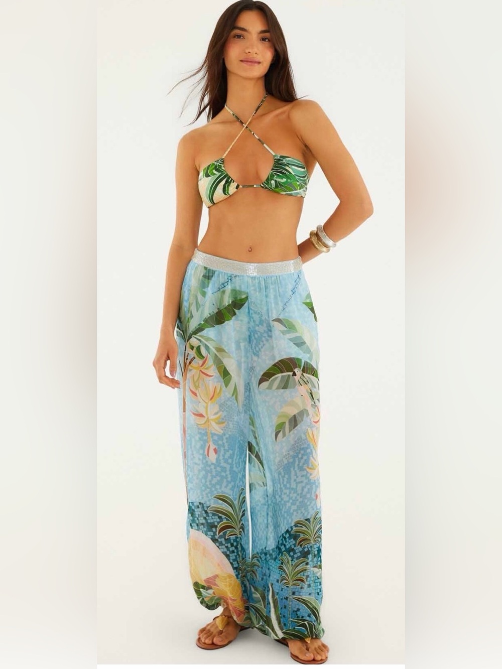FARM Rio Blue Embroidered Side Buttons Balloon Pants